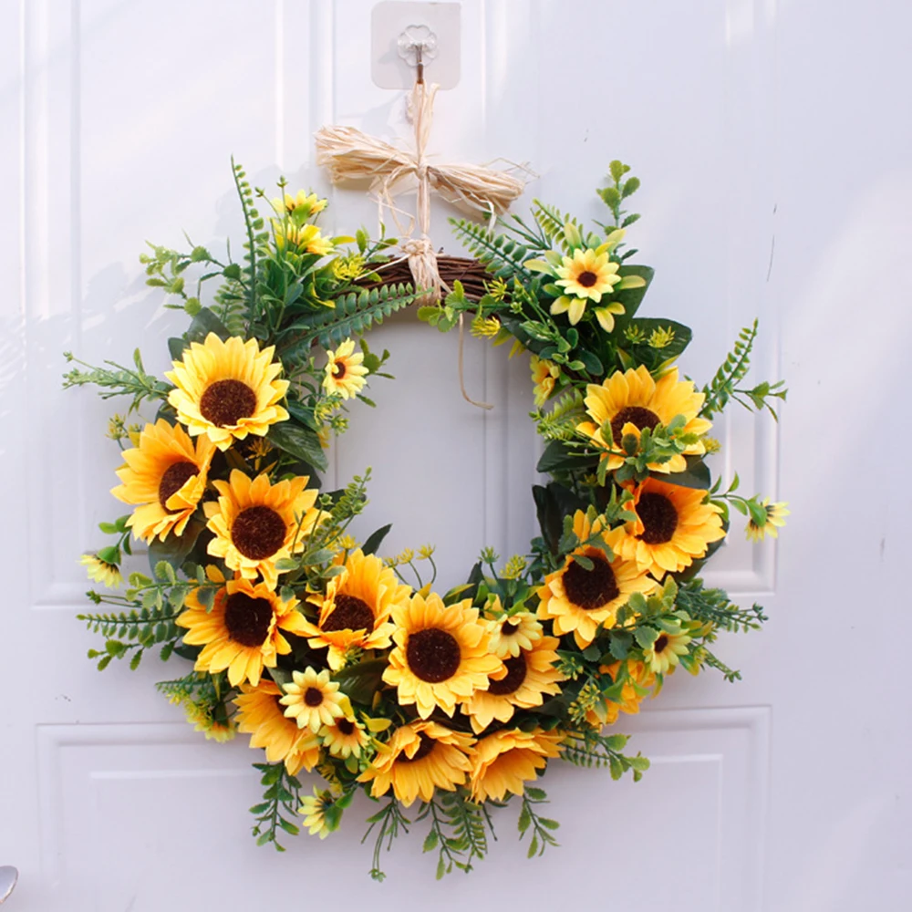 

Artificial Yellow Sunflower Wreath With Green Leaves For Front Door Indoor Outdoor Wall Wedding Home Decoration