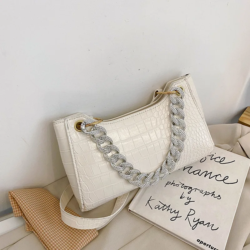 

Summer gradient color thick chain handbag female 2021 new crocodile pattern texture fashion shoulder underarm baguette bag