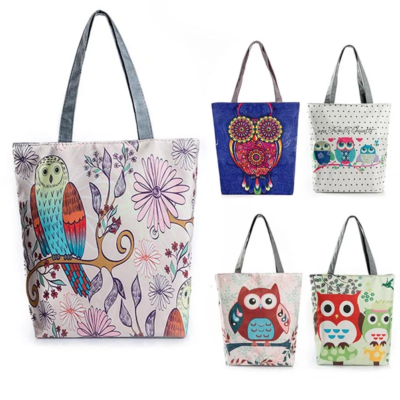 

Women Floral Owl Printed Canvas Tote Casual Beach Bag Large Capacity Single Shoulder Bags Shopping Handbag Best Sale-WT