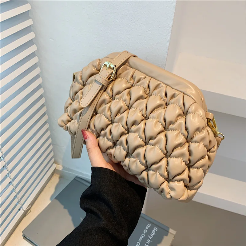 

New Soft PU Leather Small Crossbody Bags for Women 2021 Solid Color Shoulder Purses Handbags Travel Trends Pleated Clouds Bag
