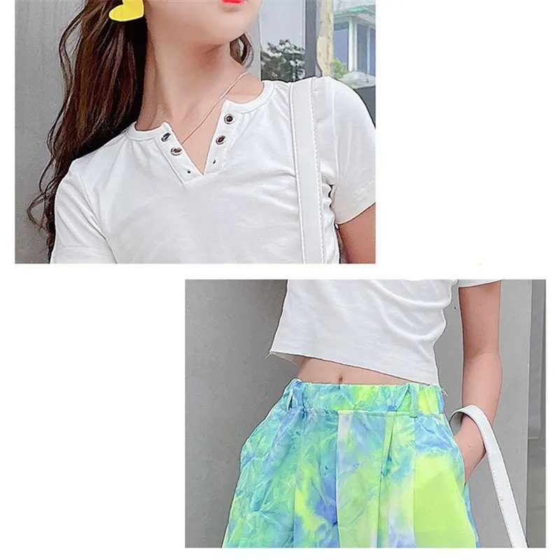 

Summer Clothing Sets For Big Girls Two Pieces V-Neck Top And Pants Fashion Tie-Dye Print Novely 2021 Children's Tracksuit 5-14Y