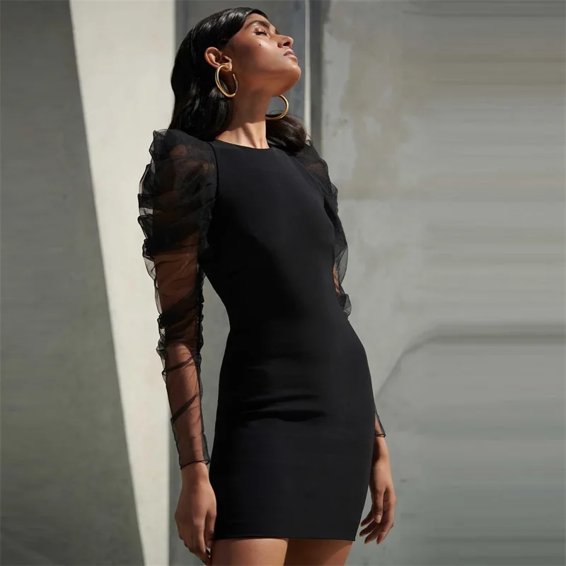 Вязаное женское Бандажное платье сексуальное с пышными рукавами и круглым