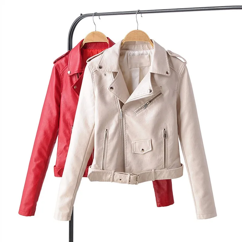 

FTLZZ New Autumn Women Streetwear Slim Fit Pu Faux Leather Jacket Casual Female Zipper Turn Down Collar Red Short Coat Outwear