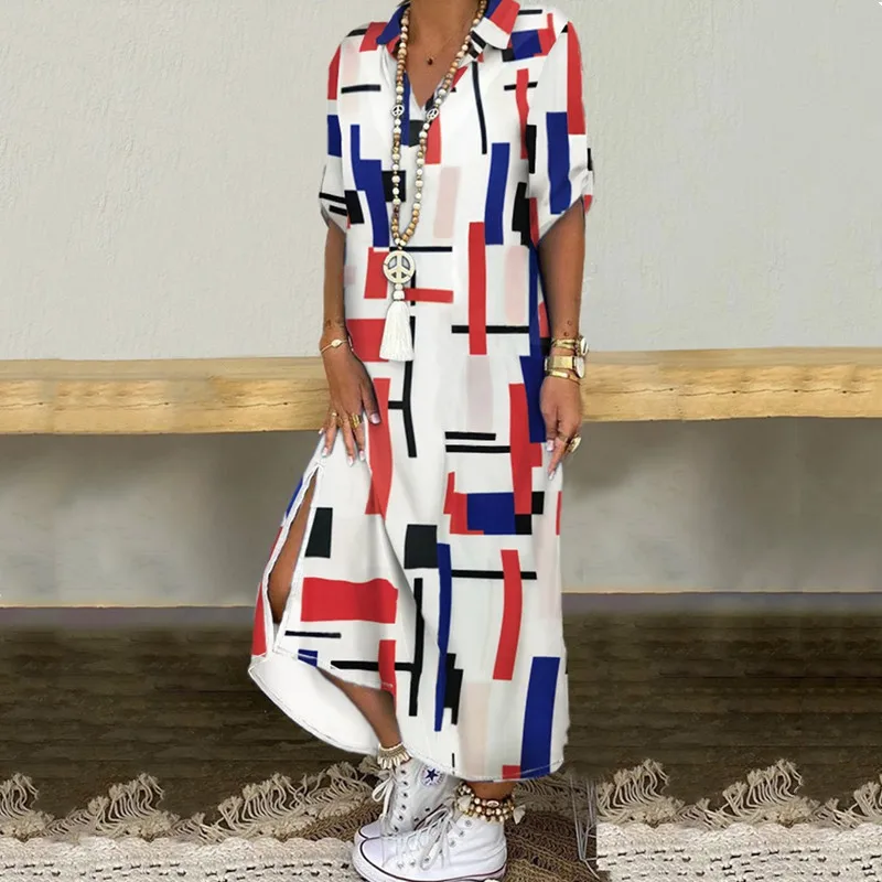 

Fashionable Shirt-style Button Dress Ladies Casual Long Street Dress Large Size Loose Home Commuter Print Dress Women Femme Robe