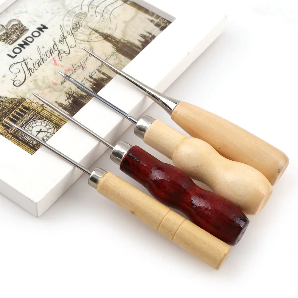

4Pcs/set 4 Styles Boxwood Redwood Gourd Canvas Leather Sewing Shoes Wood Handle Tool Awl Hand Stitching Taper Needle Tool Craft