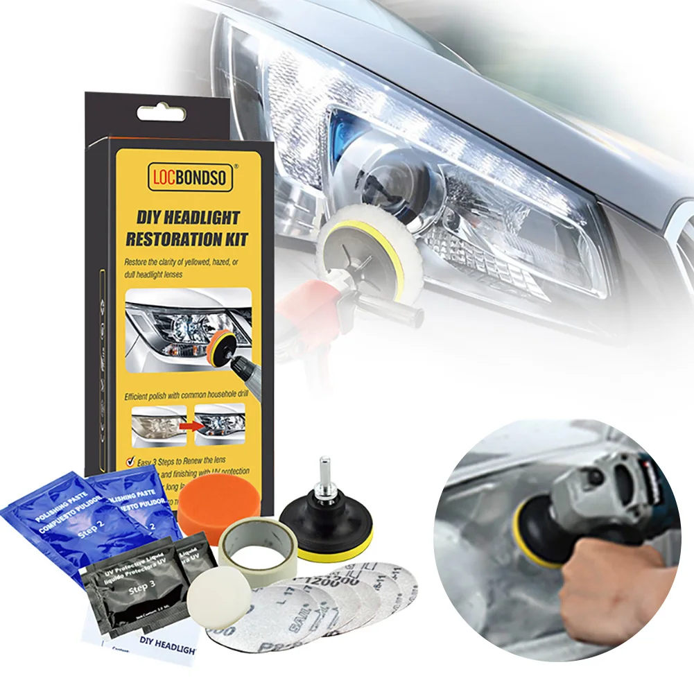 

Car Headlamp Repair Headlight Lens Restoration Kit w/ Drill Pin DIY Headlight Haze Repair Set Polish Cleaning Kit for Auto Motor