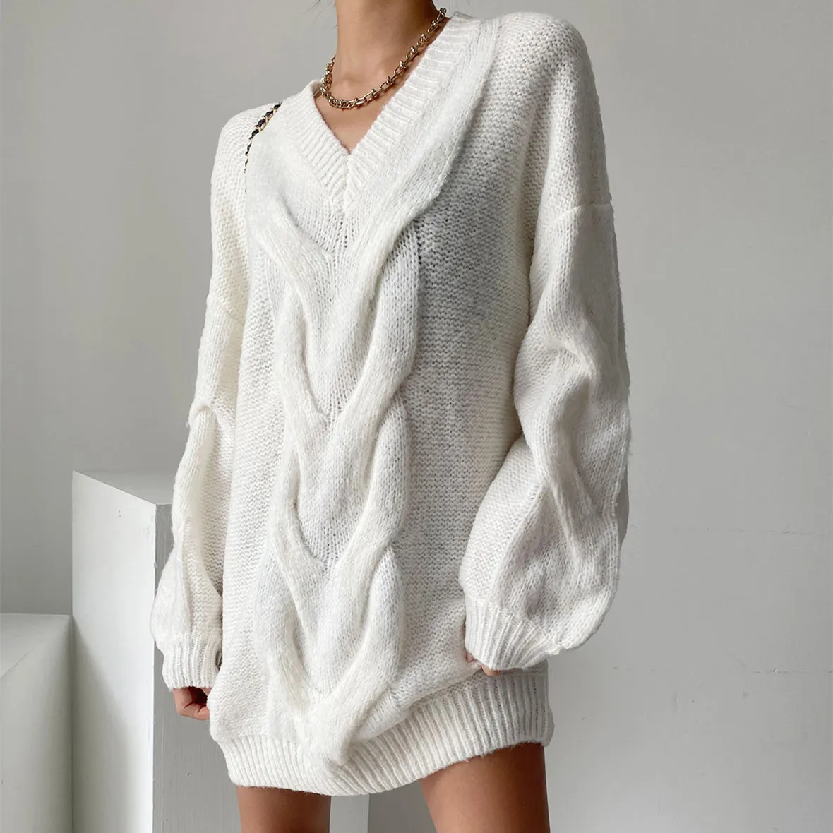 

Knitted Dress Women Casual Loose Sweater Dresses Female Chic Lantern Sleeves V-neck Dress Solid Autumn Winter Mini Vestidos 2022