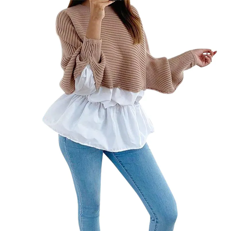 Women's Ruffled Stitching Sleeve Round Neck Long Sweater Top #4n07 |