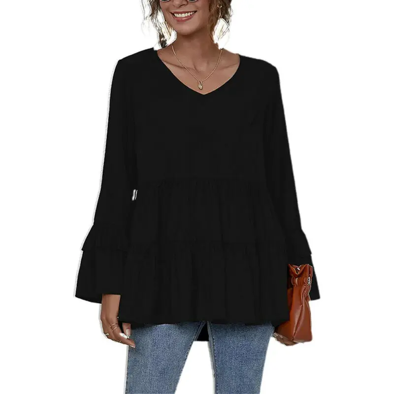 

Solid Color T shirt 2021 Autumn Fashion Womens V Neck Long Sleeve Tops Casual Loose V-neck Ladies New Style Hot Online Clothes