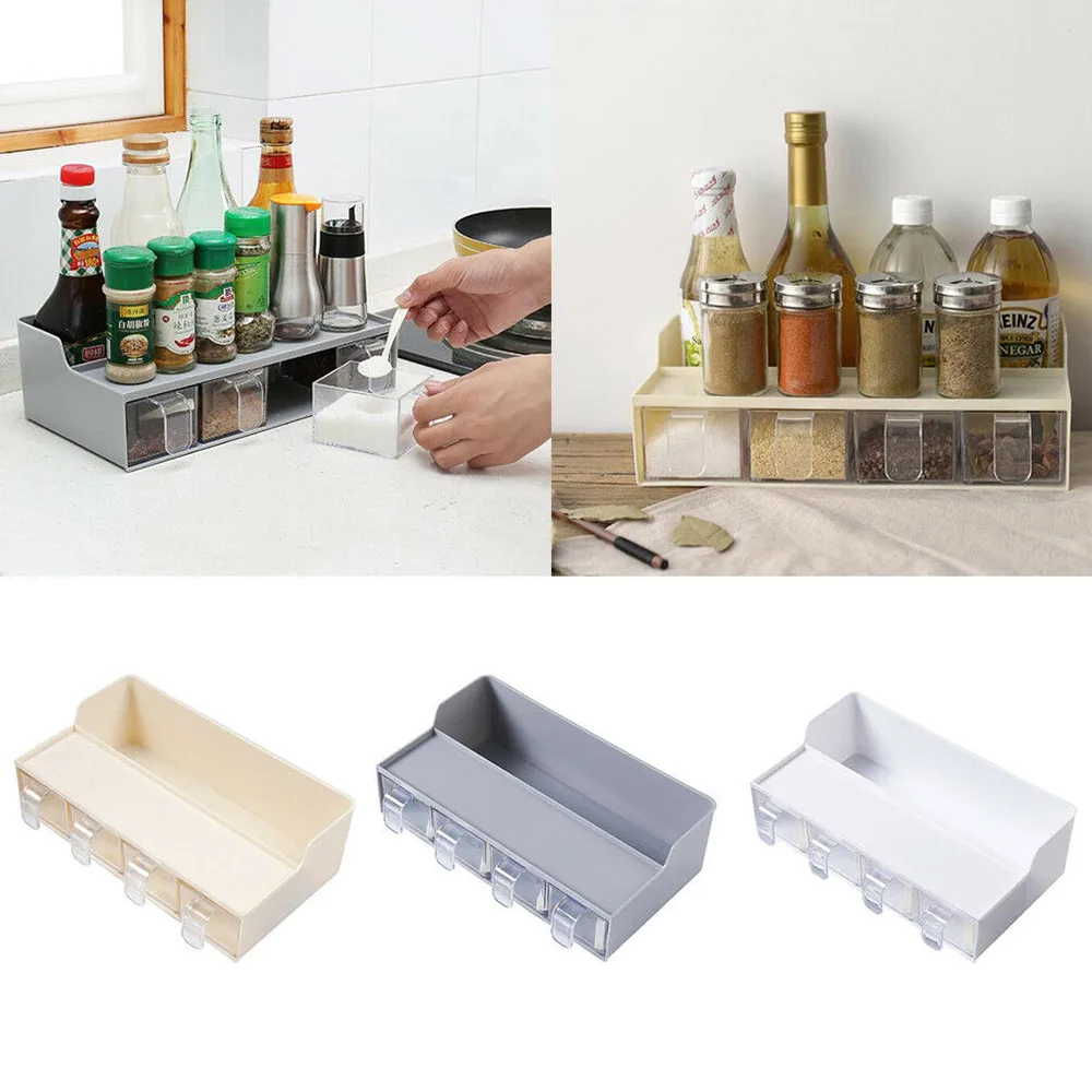 

Multifunctional Kitchen Storage Box 4 Grid Transparent Seasoning Box With Spoon Kitchen Seasoning Rack Set Storage Rack