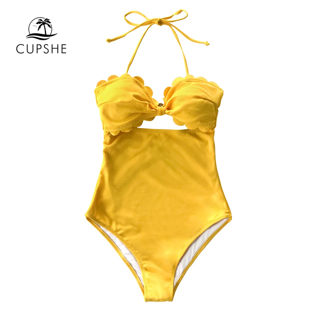 CUPSHE цельный желтый слитный купальник с волнистым вырезом на шее женский