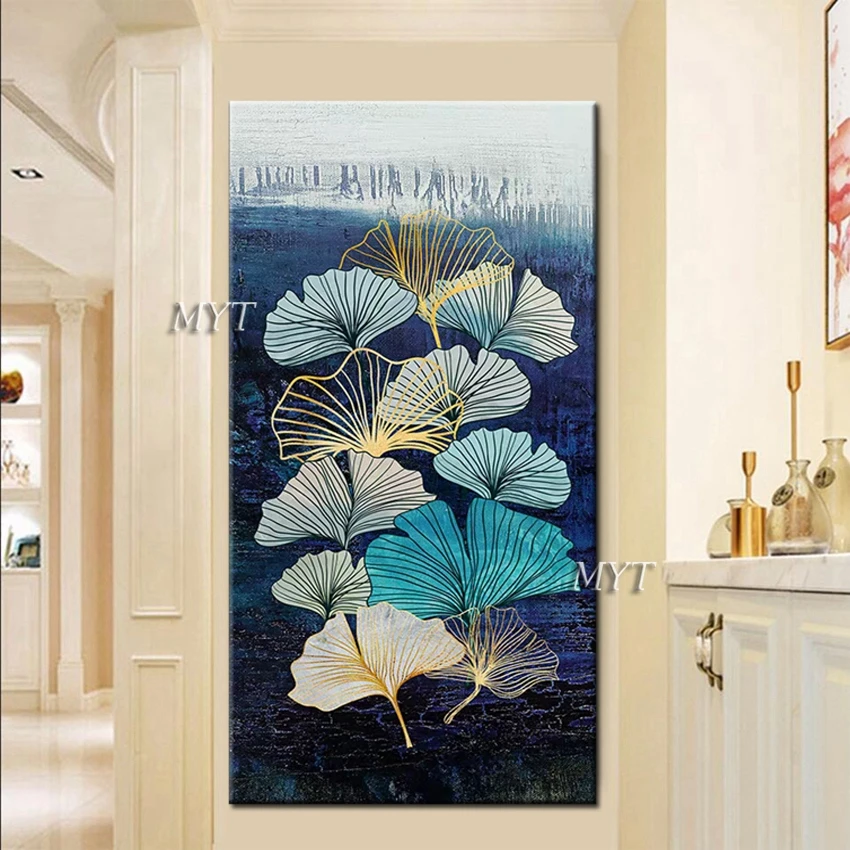 Textured Gold Lines Abstract Ginkgo Flower Canvas Oil Painting Modern New Arrival Hand-painted Wall Art Decor For Living Room | Дом и сад