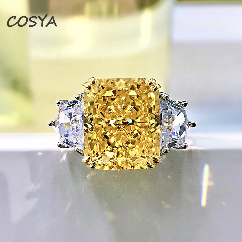 

COSYA 100% 925 Sterling Silver Yellow 10*12mm Square High Carbon Diamond Fashion Luxury For Women Wedding Ring Fine Jewelry Gift