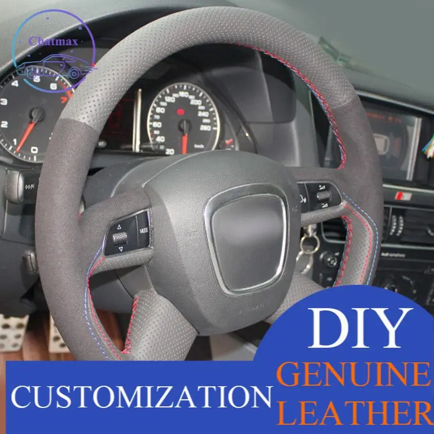 

For Audi Old A4 B7 B8 A6 C6 2004 Black Leather Black Suede Steering Wheel Cover Anti-slip fit all season comfort touch design