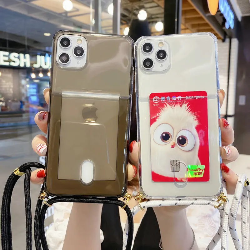 Флуоресцентный розовый прозрачный чехол со слотом для карт и ремешком iPhone 11 XR 11Pro