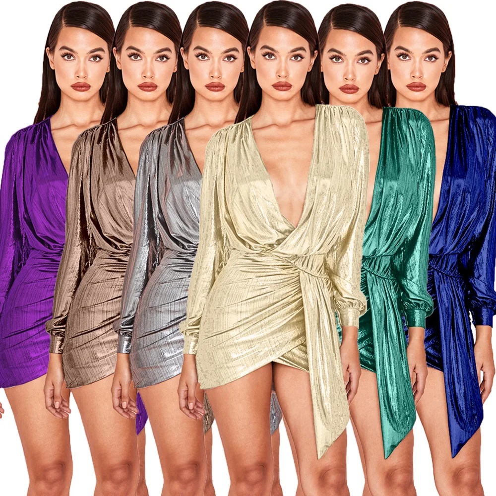 

New Women Dress Sexy Deep V Neck Long Sleeve Bodycon Mini Dress
