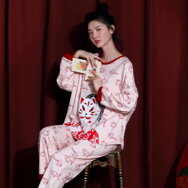 

Pyama Woman Set Spring and Autumn Pajamas Women's Long-sleeved Trousers Pure Cotton National Tide Fashion Casual Two-piece Suit