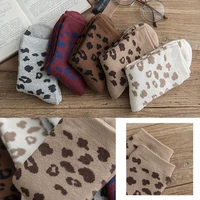 5 pairs women girls novelty cotton crew socks spotted leopard animal pattern printed terry thick warm vintage mid tube hosiery