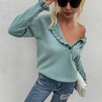 women sweaters autumn winter pullovers clothes buttons v neck sweater flare sleeve streetwear knitwear female fall knitted tops