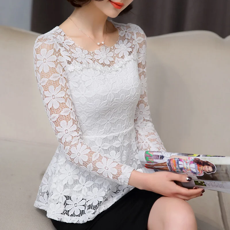 Summer Blusas Peplum Top 2020 Black White Lace Blouse Women Social Long Sleeve Shirt Female Vintage Ruffle Chemise Femme | Женская