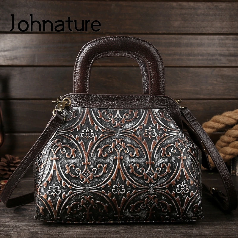 Женская сумка на плечо Johnature винтажная из натуральной кожи с цветочным принтом