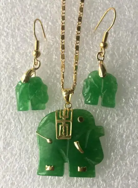 Очаровательно! Комплект из колье и серёг натуральный зеленый нефритовый слон 14KGP