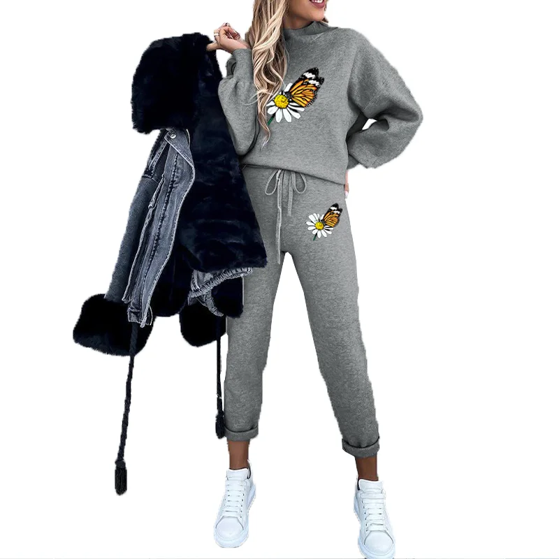

2021 New Women's Casual Hoodies 2 Piece Set Sweatshirt + Pants Women Long Sleeve Printed Turtleneck Spring and Autumn Hoodies