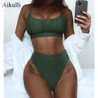 Новый сексуальный купальник-бикини с рюшами и высокой талией, Женский однотонный купальник, лето 2021, женский пляжный купальник, комплект бикини с высоким вырезом, купальные костюмы