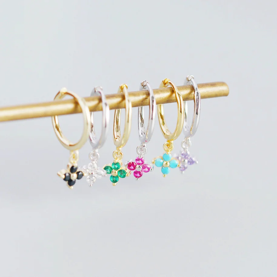 

Sterling Silver INS Geometric Zircon Flower Earrings European and American Light Luxury French Style Hoop Earring Fashion