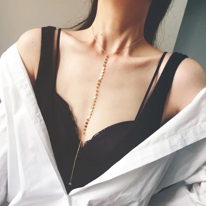 

YUN RUO Paillette Zircon Long Necklace Gold Color Fashion Titanium Steel Jewelry Woman Christmas Gift Never Fade Drop Shipping