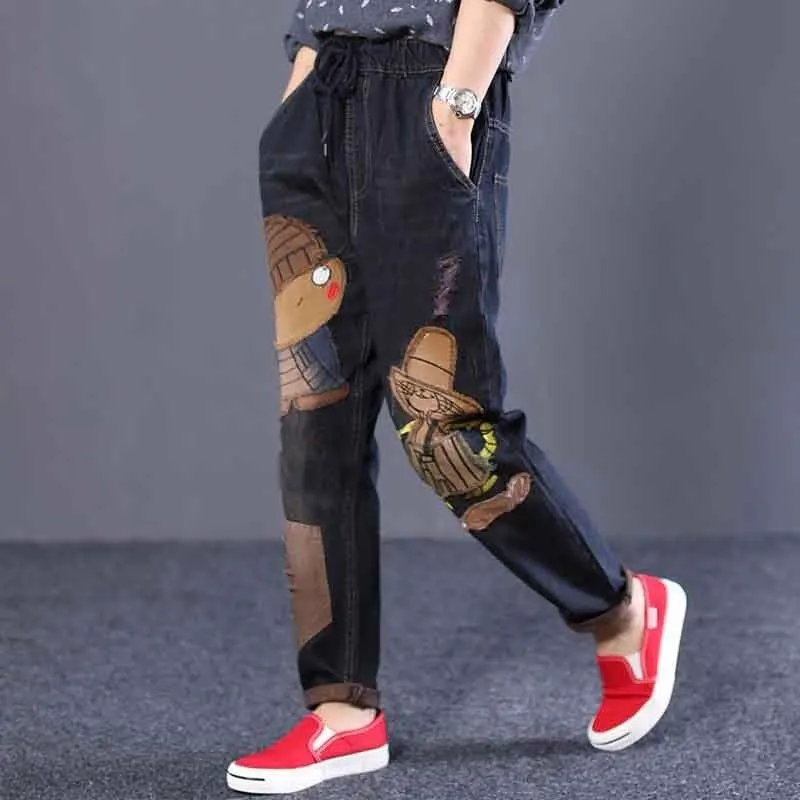 

Spring Fashion Women Jeans Vintage Embroidery Patchwork Loose Cotton Denim Harem Pants Ladies Drawstring Ripped Hole Jeans D98