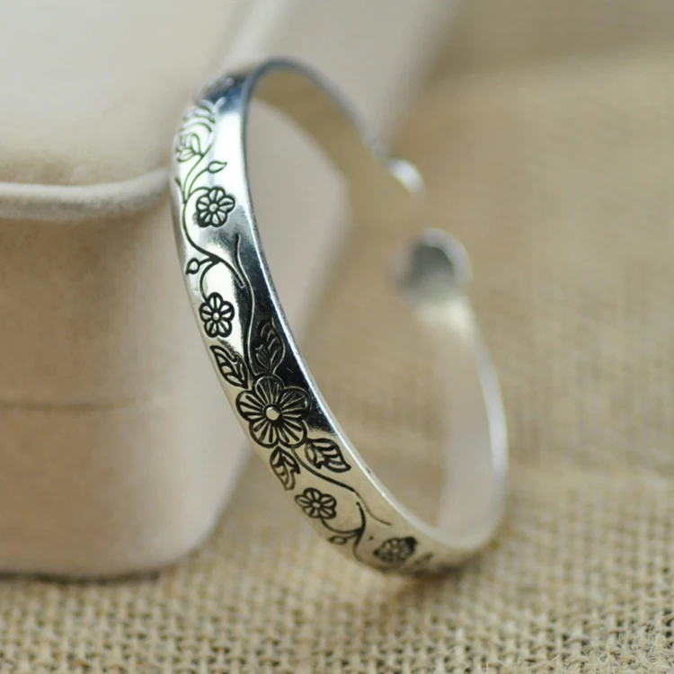 Очаровательный браслет с тибетским цветком для старого черного серебряного браслета Miao для мужчин и женщин новый серебряный браслет Miao