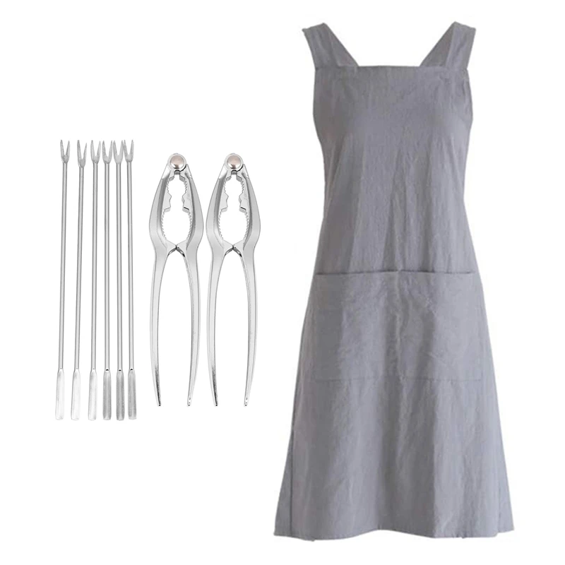 

HOT-8 Pcs Eating Crab Tool Walnut Pliers Crab Needles ​Seafood Forks & 1Pcs Linen Cross Back Cooking Apron