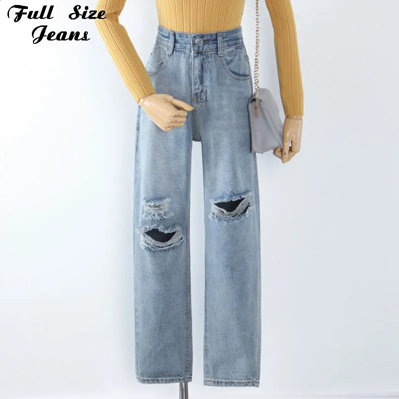 

Plus Size Pants Vintage Street Ripped Holes Baggy Jeans Women 4XL Boyfriend Loose Distressed Straight Denim Capris Ankle Length