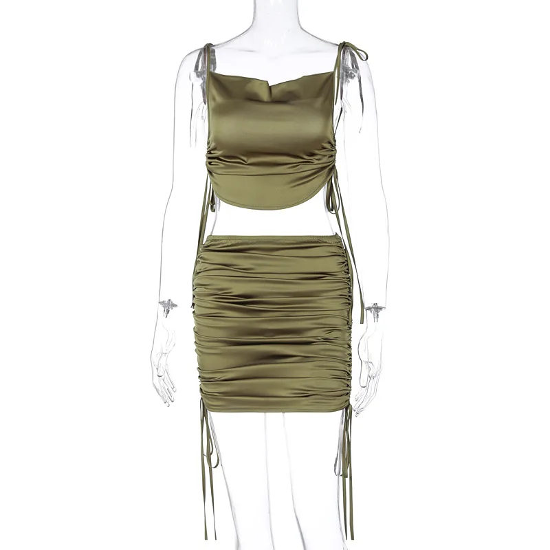 Ruched Satin Summer Dress Drawstring Spaghetti Straps Cowl Neck Backless Sleeveless Dresses For Women Party Sexy Vestidos |