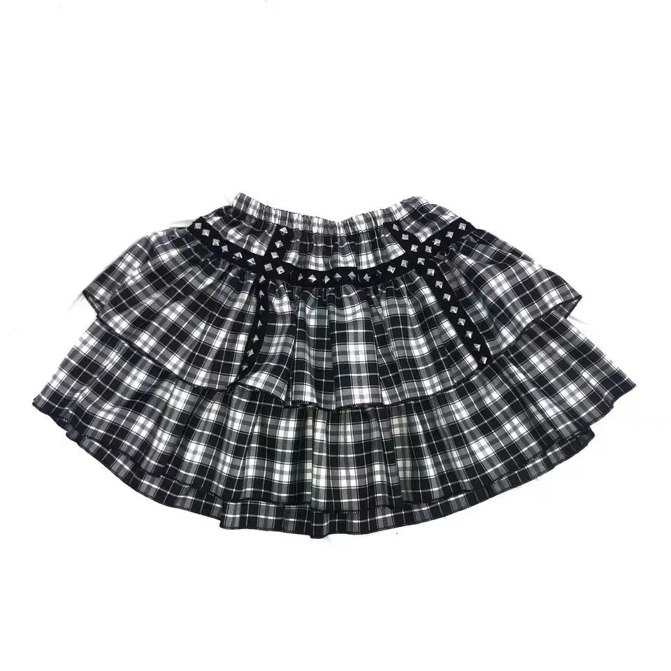 

2021 Streetwear Gothic Women Skirt White Black Plaid Short Skirts Rivet Punk Style Double Layer High Waist Ball Gown Mini Skirt
