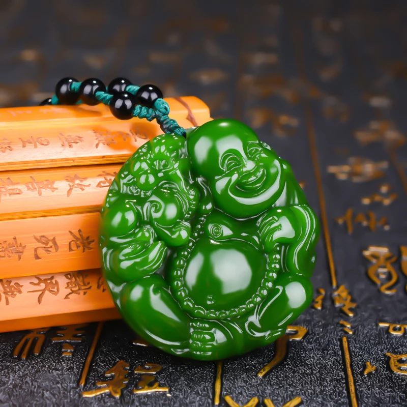 Chinese Natural Green Jade Maitreya Buddha Pendant Necklace Hand-carved Charm Jadeite Jewelry Fashion Amulet Gifts for Men Women | Украшения