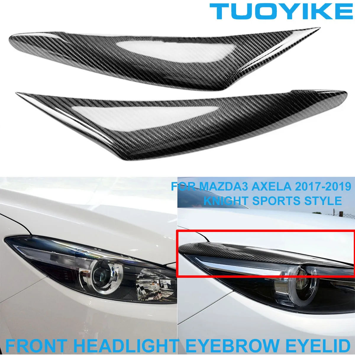 2PCS Car Styling Real Carbon Fiber Headlight Eyebrow Eyelids Trim Cover Sticker For MAZDA-3 Mazda3 Axela 2017-2019 Accessories