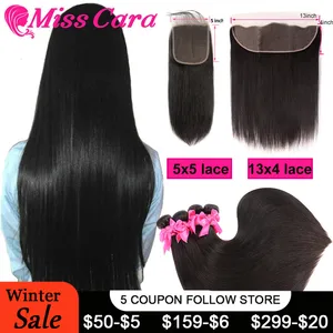 Перуанские прямые волосы пряди с фронтальной Miss Cara 100% Remy человеческие волосы 34 пряди с закрытием 5*5 Кружева Закрытие с пучком