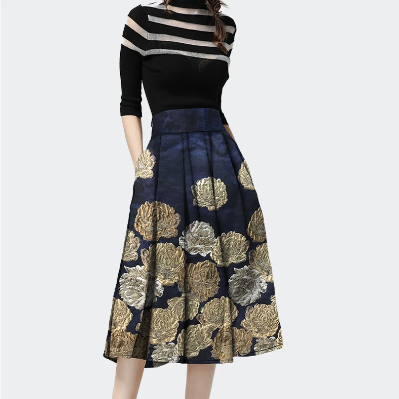 

2021 New Vintage Spring French Ball Gown Long Skirt Female Gold Embroidery Elegant Jacquard Puffy Pleated Skirts Women Clothing