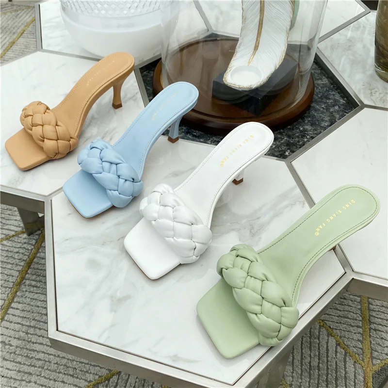 Мюли женские на каблуке 9 см модные туфли без задника низкий каблук тапки