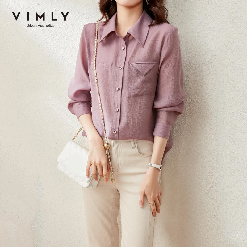 

VIMLY Button up Shirt For Women Fashion New Full Sleeve Solid Shirts Office Lady Spring Clothes Elegant Blouse Female Tops F6308