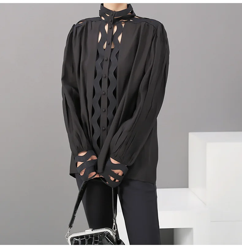 Max LuLu/модные корейские женские топы в стиле панк, хлопковые блузки, осенние женские сексуальные рубашки с дырками, Безразмерные с высоким воротом, свободная одежда