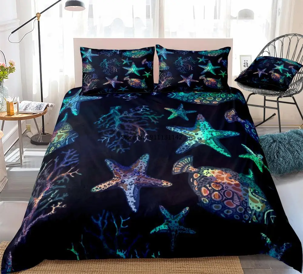 

Turtle Bedding Set Ocean Duvet Cover Set Sea Animal Bed Linen Kids Teens Home Textile Marine Life Bedclothes Blue Whale Beds Set