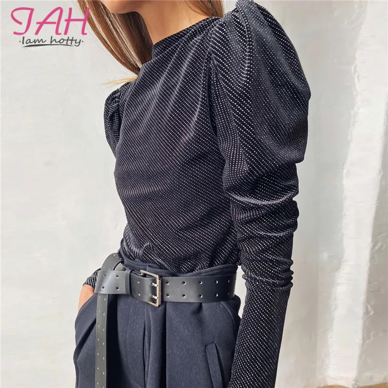 Женские Серебристые велюровые боди IAMHOTTY с пышными рукавами стразы Элегантные