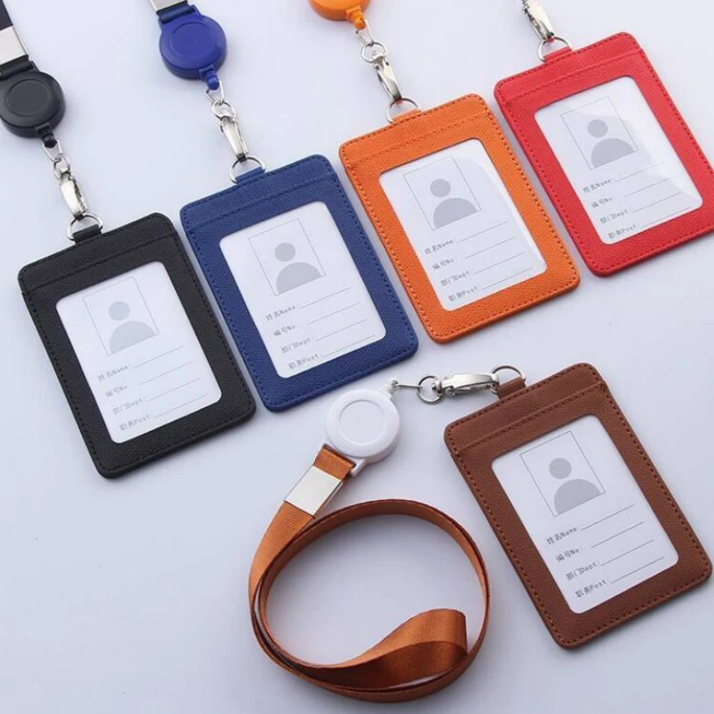

1PC Horizontal Vertical Type PU Leather Card Holder with Retractable Badge Reel Lanyard Badge Holder Employee's Work Card Case