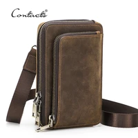 contacts crazy horse leather men crossbody bag casual waist pack fanny belt bag for male small phone pocket shoulder bags