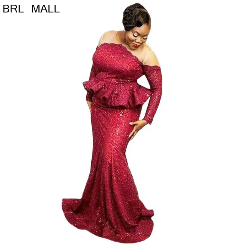 

Plus Size 2020 Burgundy Sequined Lace Mermaid Mother Of The Bride Dresses Tiered Peplum Long Sleeves Groom Mother Dress Formal