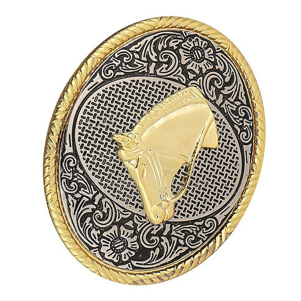 

Western Horse Belt Buckle Arabesque Pattern Mens Jeans Accessories Gold