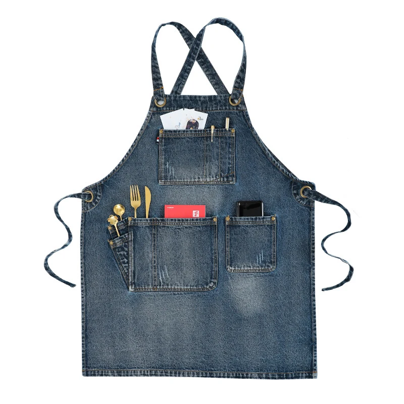 

Customized Logo Thick Denim Apron with Pocket Jean for Women Men Hair stylist Barista coffee shop in beautiful salon